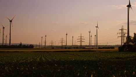 picturesque countryside in the light of setting sun. multiple windmills and electricity transmission towers in the agricultural fields.