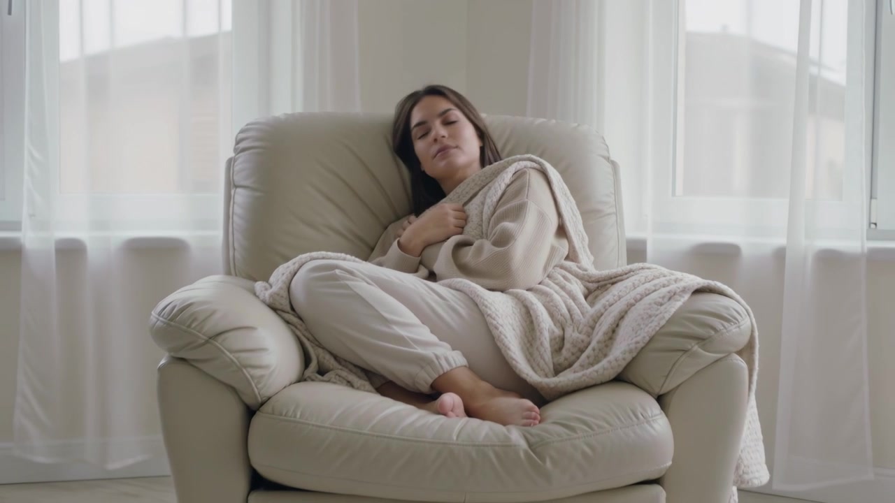Donna che ha freddo, in maglia e pantaloni da casa, che si avvolge in una coperta spessa sistemandosi in poltrona vicino alla finestra.
