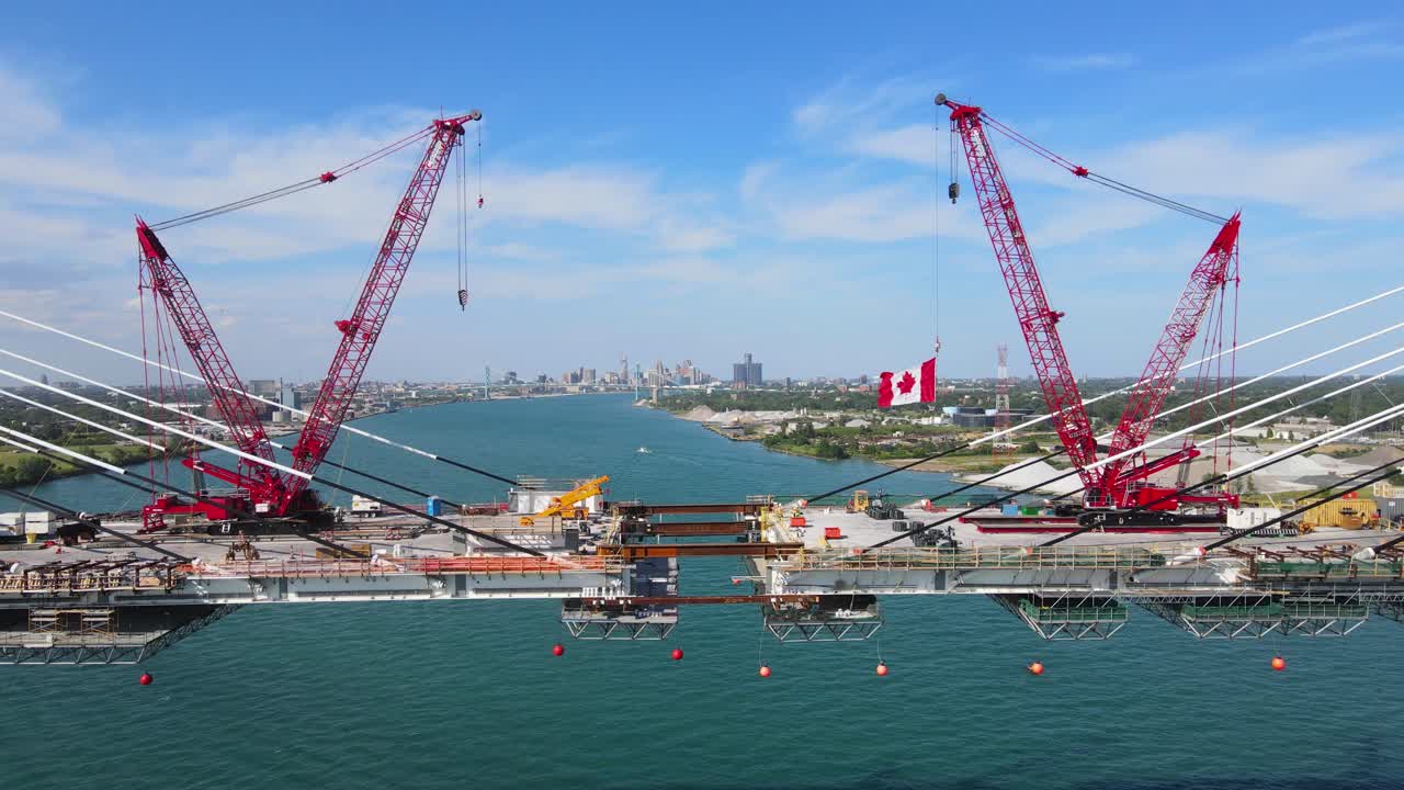 Drone revealing final stage of Gordie Howe international bridge construction, dolly out