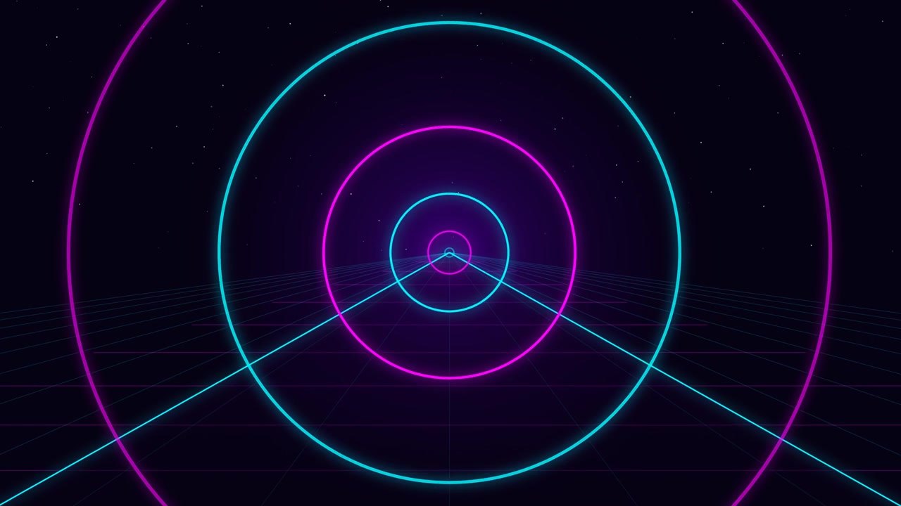 Retro Synthwave Style Neon Circles Moving Through Space
