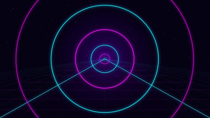 Retro Synthwave Style Neon Circles Moving Through Space