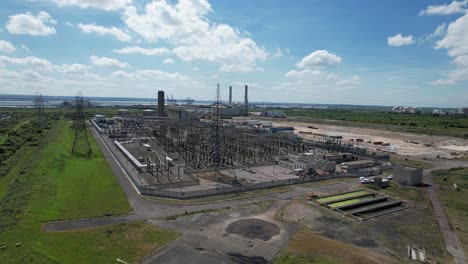 Grain-Electrical-substation-Power-station-in-background-Kent-UK-drone-aerial-view