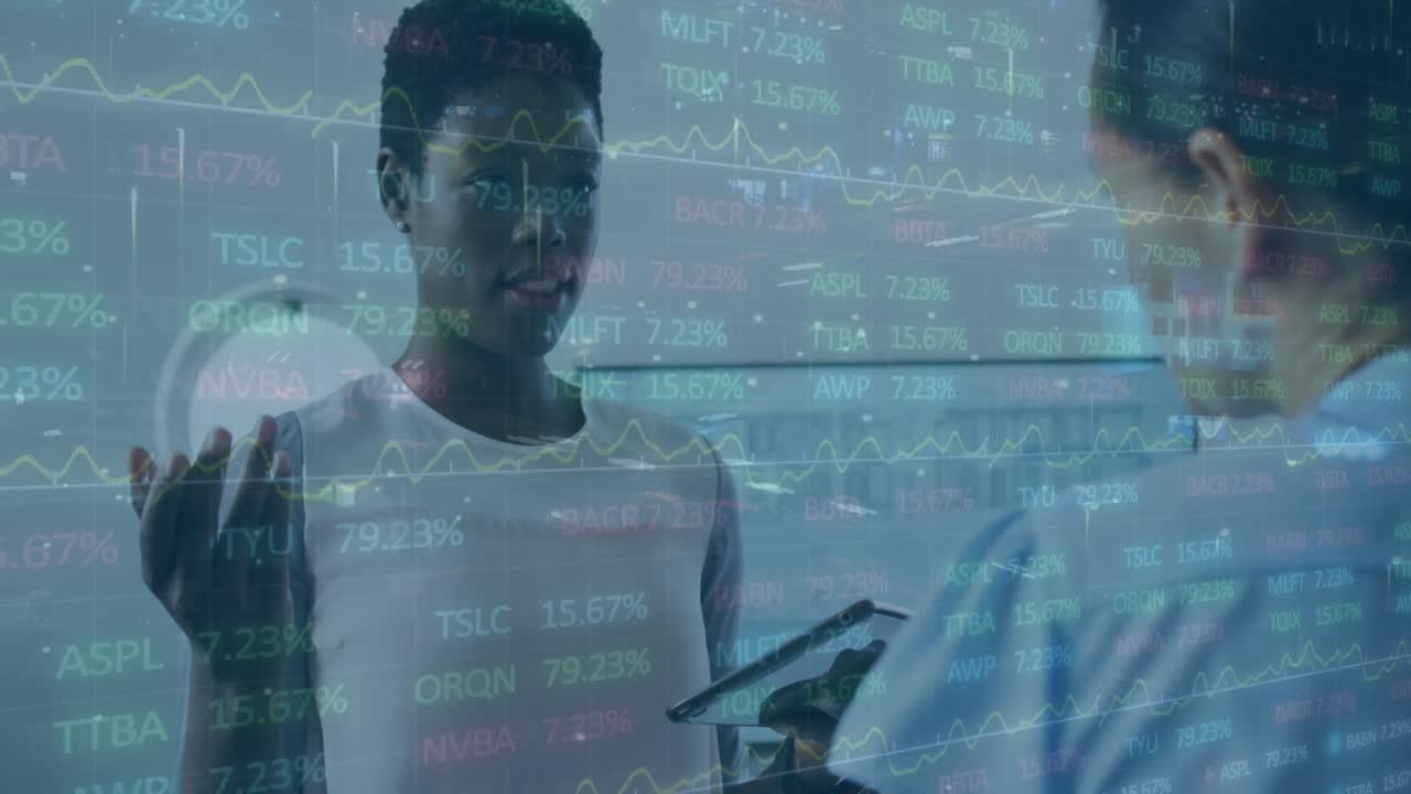 Animation of financial data processing over diverse business people in office