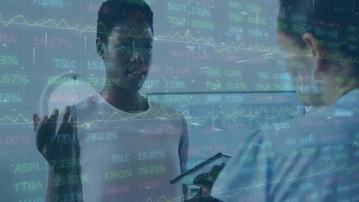 Animation of financial data processing over diverse business people in office