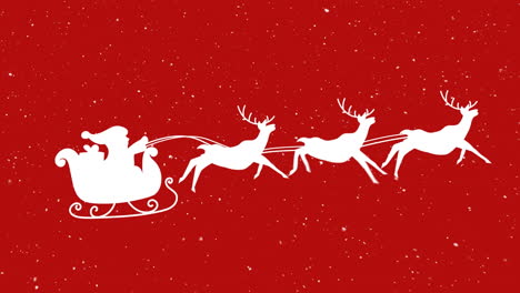 snow falling over santa claus in sleigh being pulled by reindeers against red background