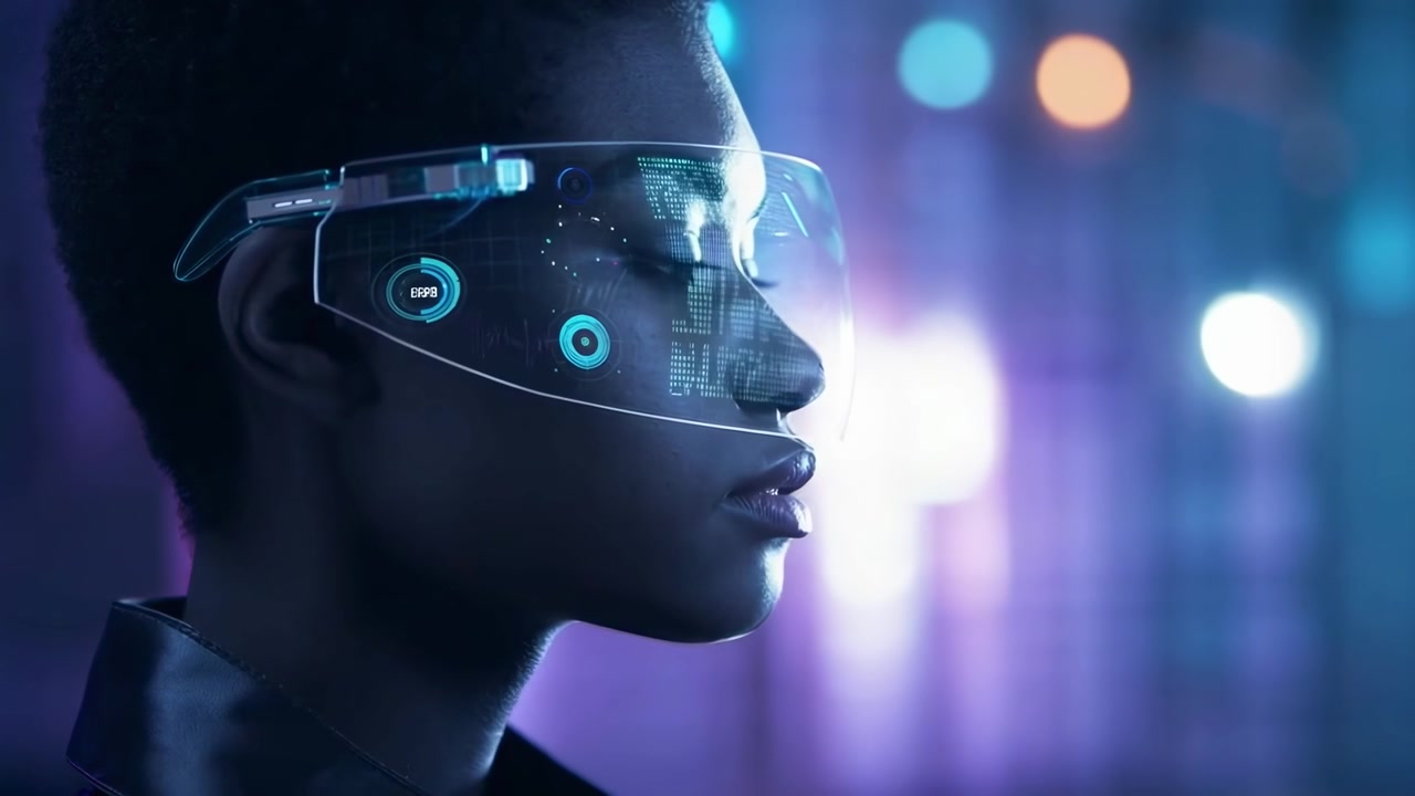 Young Woman Wearing Futuristic Augmented Reality Glasses with Digital Data Interface