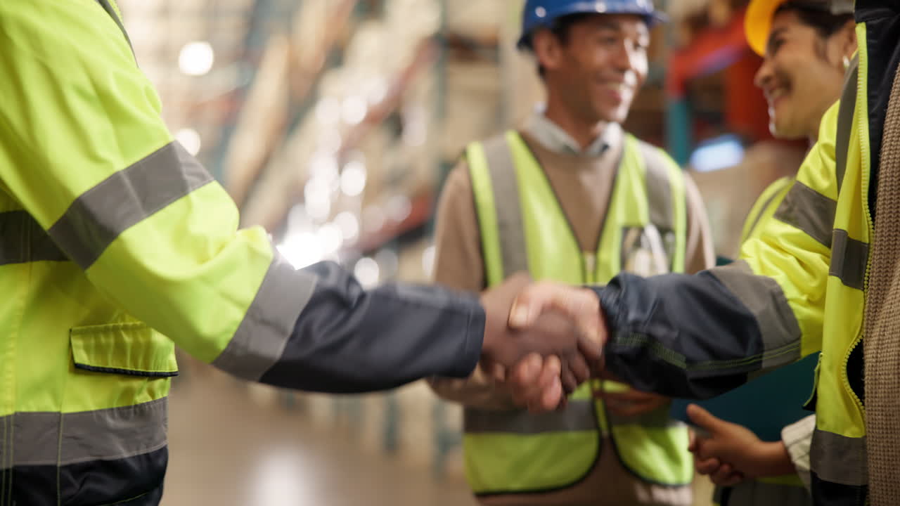 Warehouse team handshake