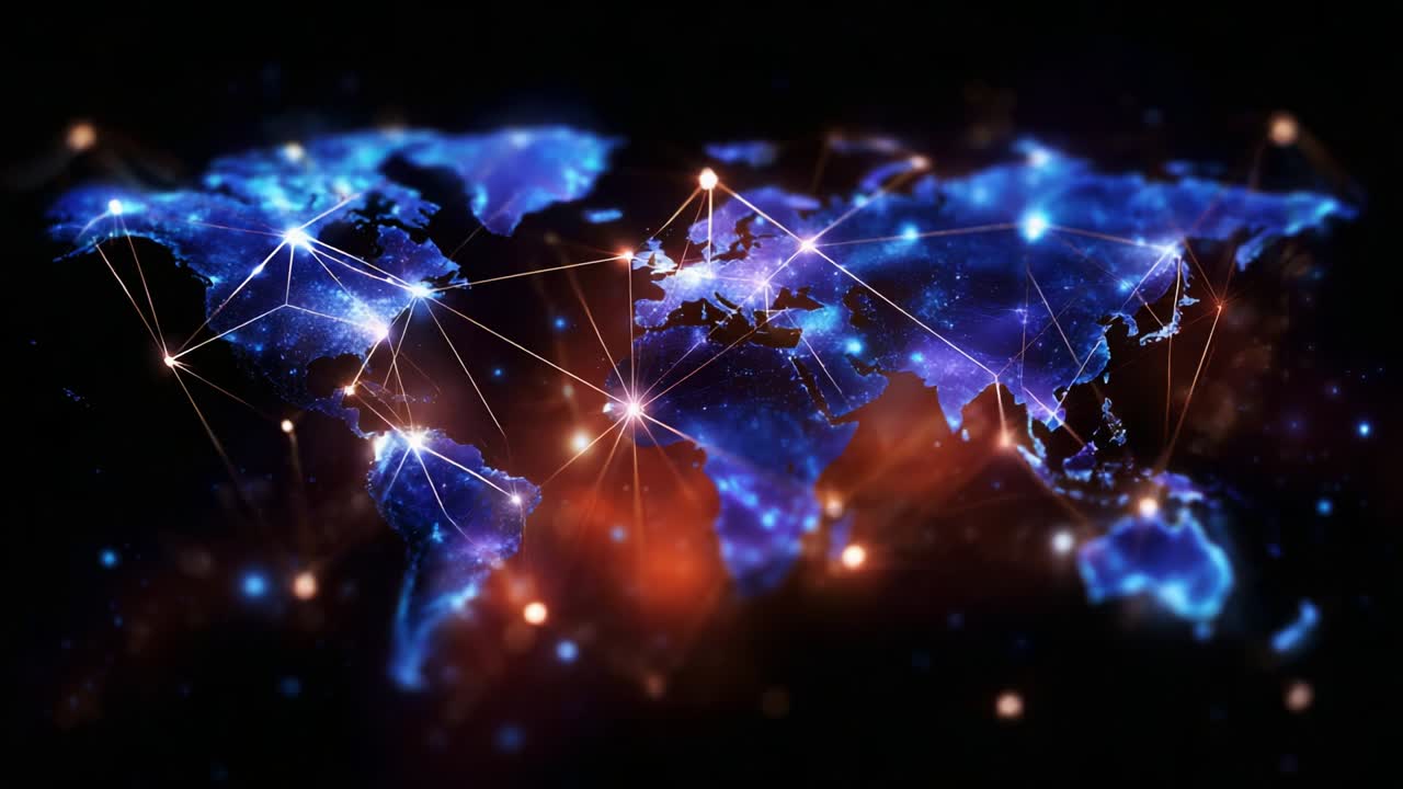 A Stunning Visualization of a High-Tech World Map Filled with Bright Lights and Global Connections, Highlighting the Interconnected Nature of Our Planet through a Digital Network Representation