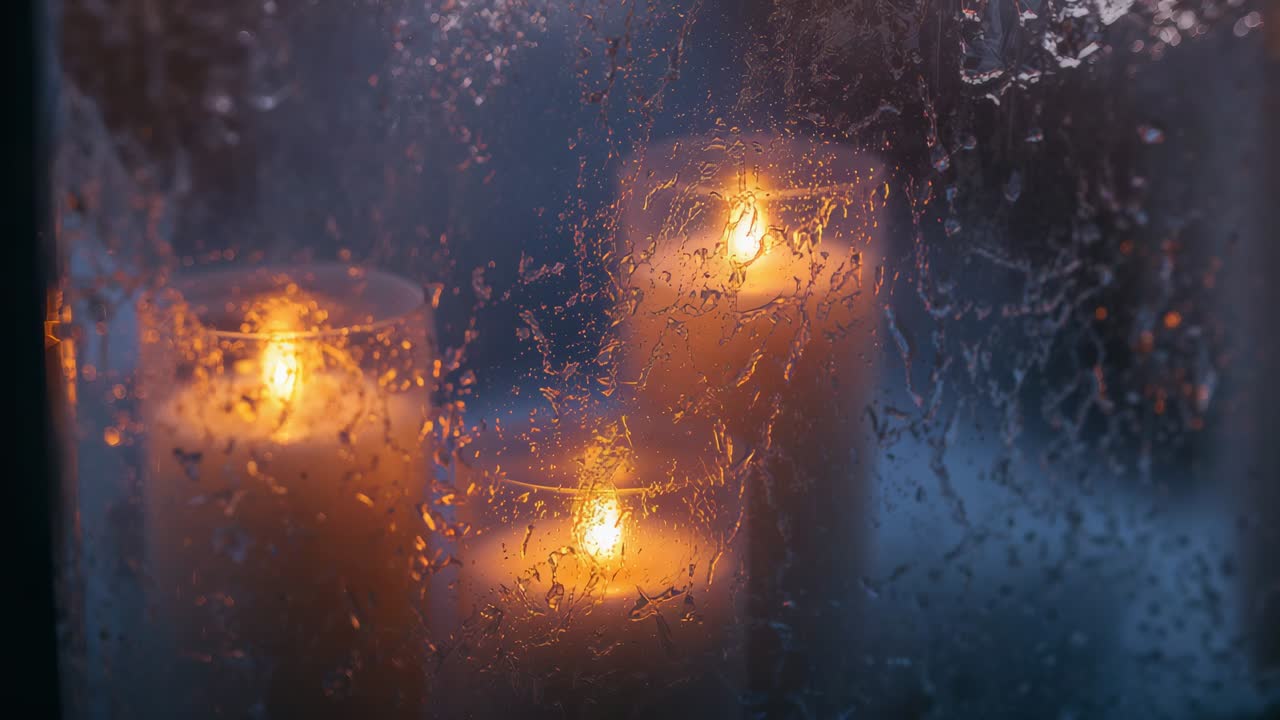 Flickering three pillar candles casting warm glow on sill, drops sliding, reflections shifting