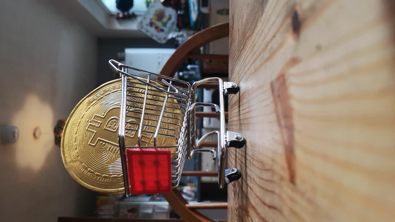 clip vertical: moneda criptográfica bitcoin dorada en un pequeño carrito de compras en la mesa de la cocina concepto empuje lento en ángulo bajo