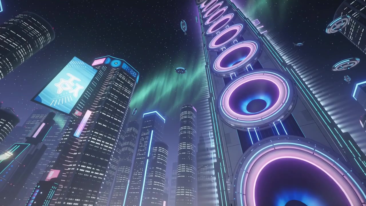 Giant Speaker Tower Pulsating with Neon Lights in a Futuristic City