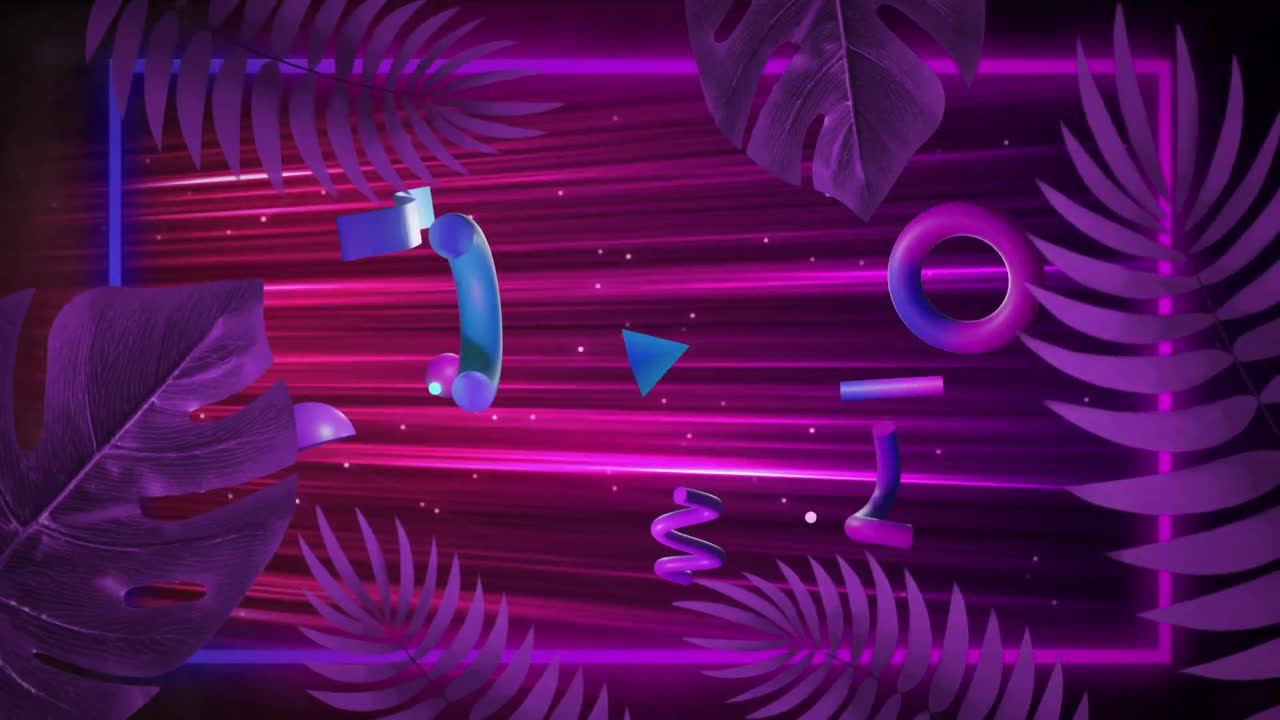 보라색 바탕에 추상적인 3d 모양과 잎의 애니메이션