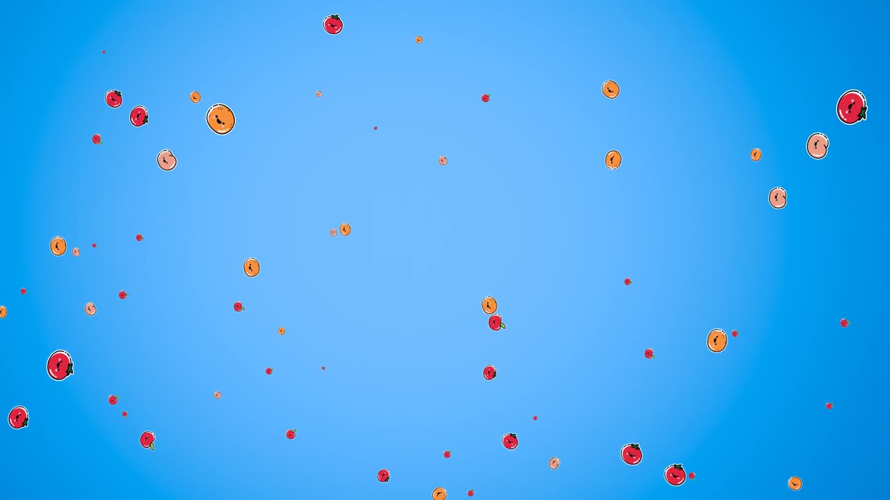 파란색 배경 위에 떠다니는 과일의 애니메이션