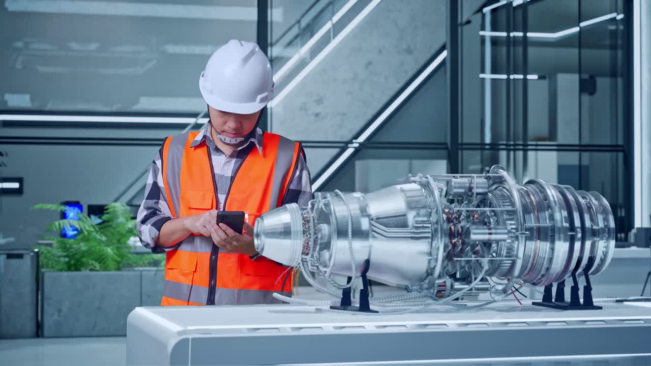 ingegnere che ispeziona il motore a reazione in una struttura moderna