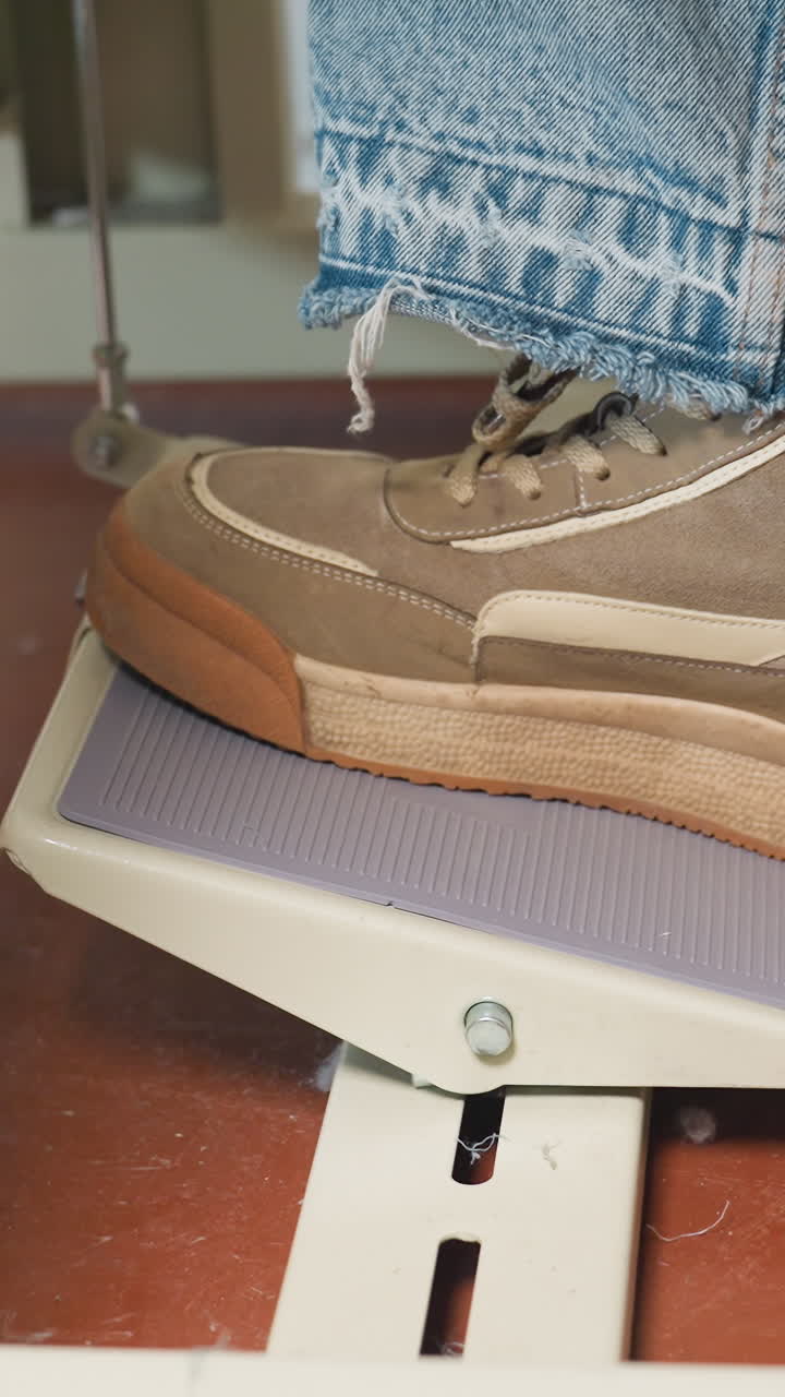 클리닉 체중계 플랫폼 위에 갈색 운동화를 신고 서 있는 사람이 보입니다. 닳아 해진 데님이 보이고 스웨이드 질감과 신발 끈이 보입니다. 신발 밑창과 페달의 클로즈업 샷이며, 미묘하게 긴장한 자세로 대기실 바닥에 서 있고 은은한 클리닉 조명이 비추고 있습니다.