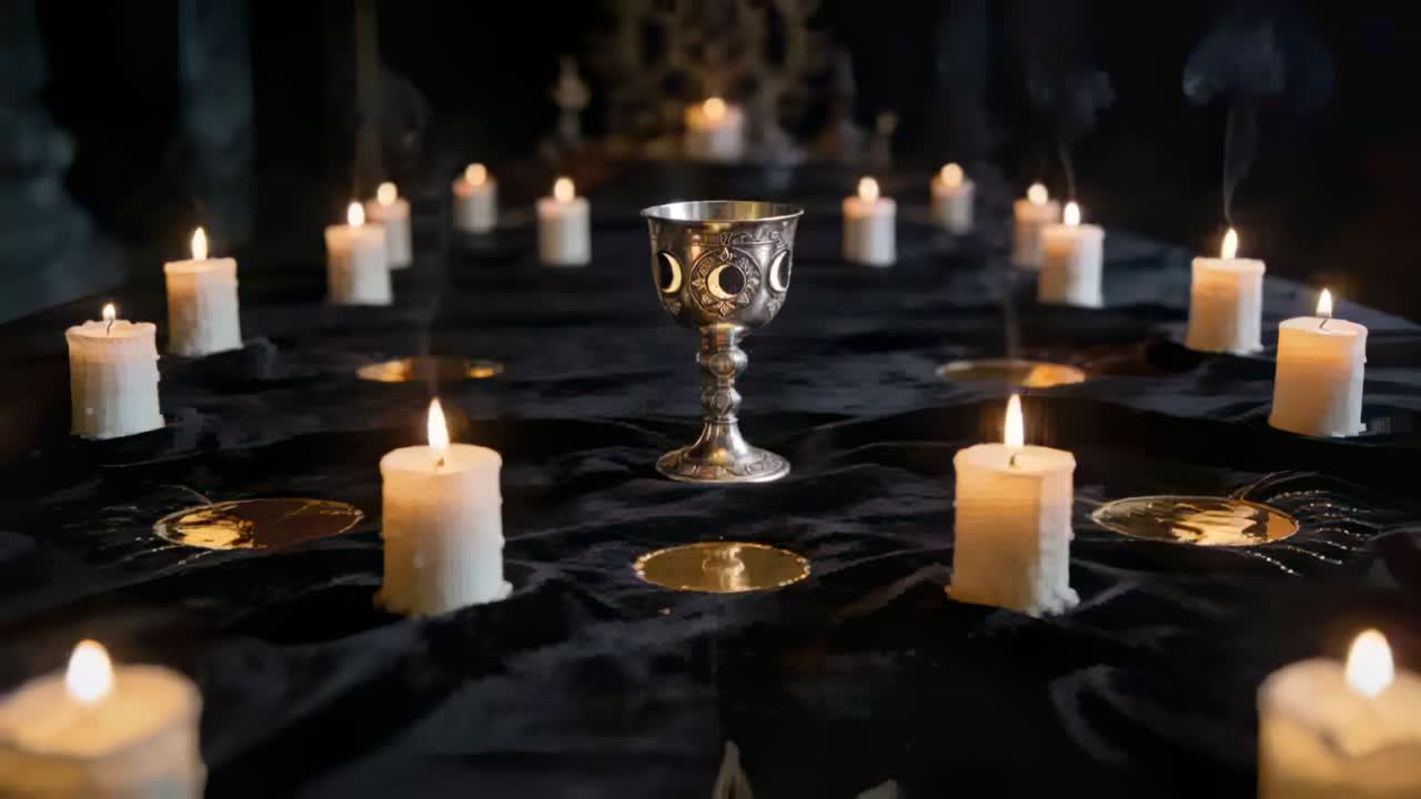 Die Kamera fährt zurück und enthüllt einen silbernen Kelch, der auf schwarzem Tuch auf einem schwach beleuchteten Altar steht, rauchende Kerzen.