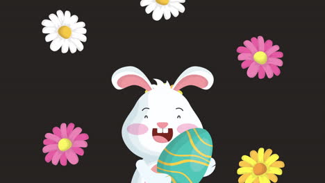 feliz tarjeta animada de pascua con conejo y huevo pintado en marco floral