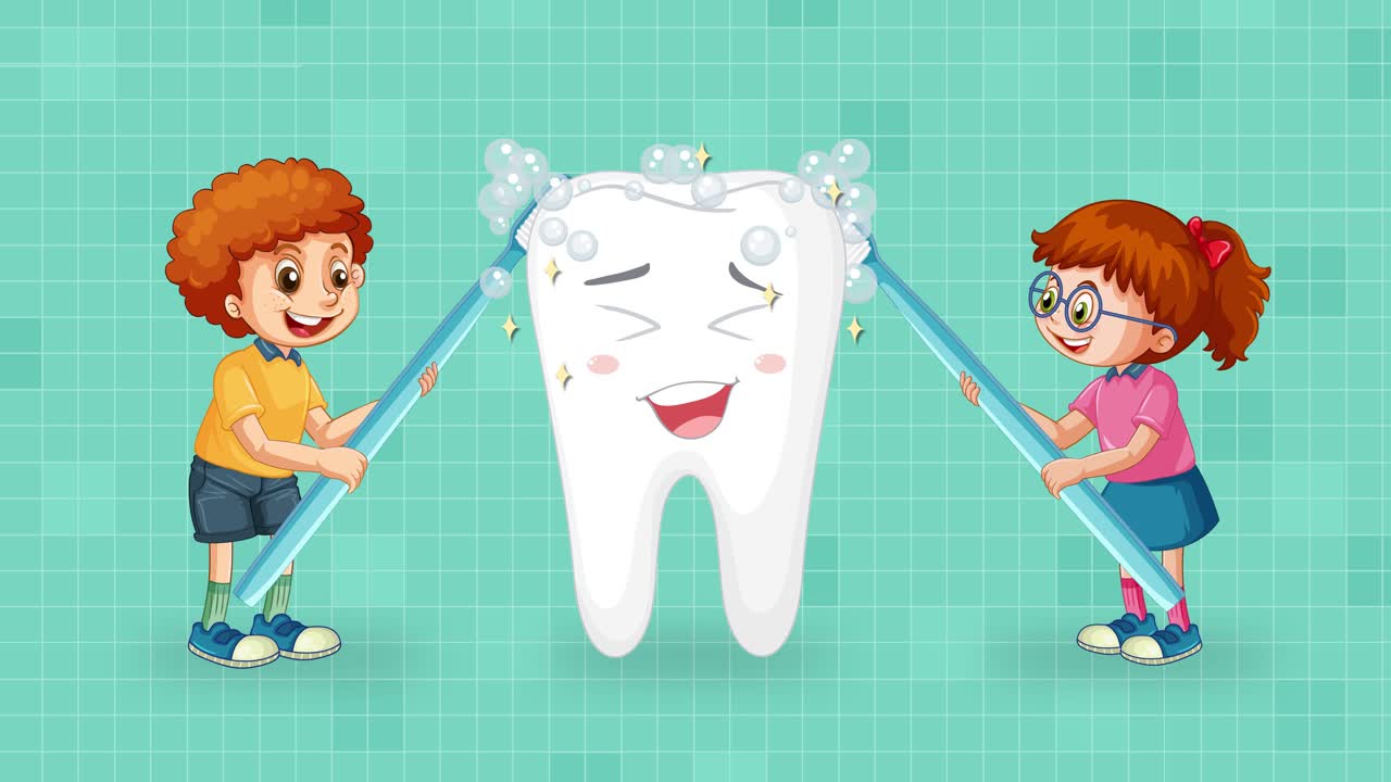 Two children use oversized toothbrushes to clean a smiling cartoon tooth, creating foam and bubbles in a bright, playful, flat-style animation with a teal background