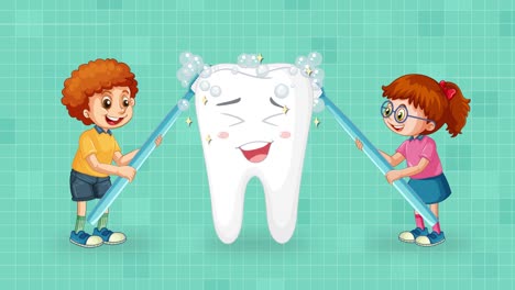 Two children use oversized toothbrushes to clean a smiling cartoon tooth, creating foam and bubbles in a bright, playful, flat-style animation with a teal background