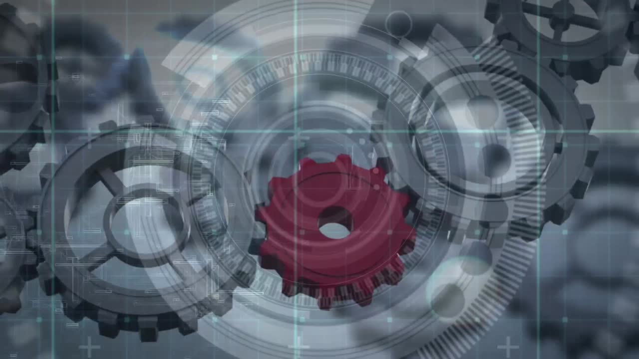 animación de los engranajes en funcionamiento, registro de alcance y escaneo en la rejilla