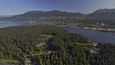 Vancouver-BC-Canada-Aerial-v85-flyover-Stanley-park-capturing-urban-oasis,-Lions-gate-bridge,-industrial-zone-on-North-shore,-harbour-and-mountain-views---Shot-with-Mavic-3-Pro-Cine---July-2023