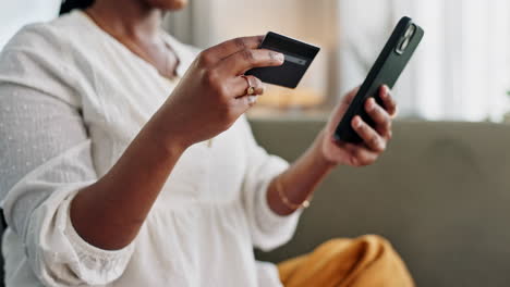 woman, credit card and hands with phone