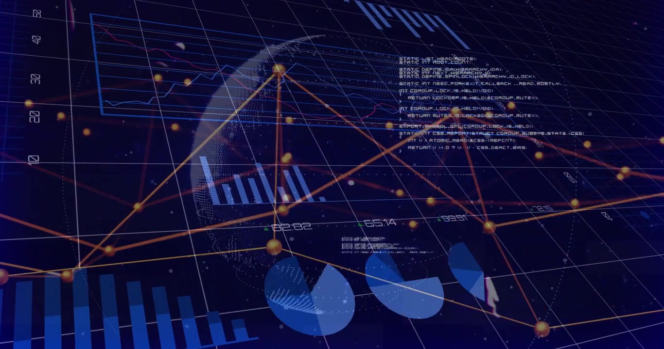 På dataopdateringsglobus med orange netværk, der animerer diagrammer, skiftende etiketter opdateres og viser målinger