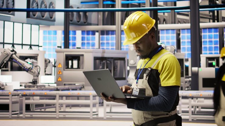 Vertical video Engineer in smart factory implementing renewable energy solutions
