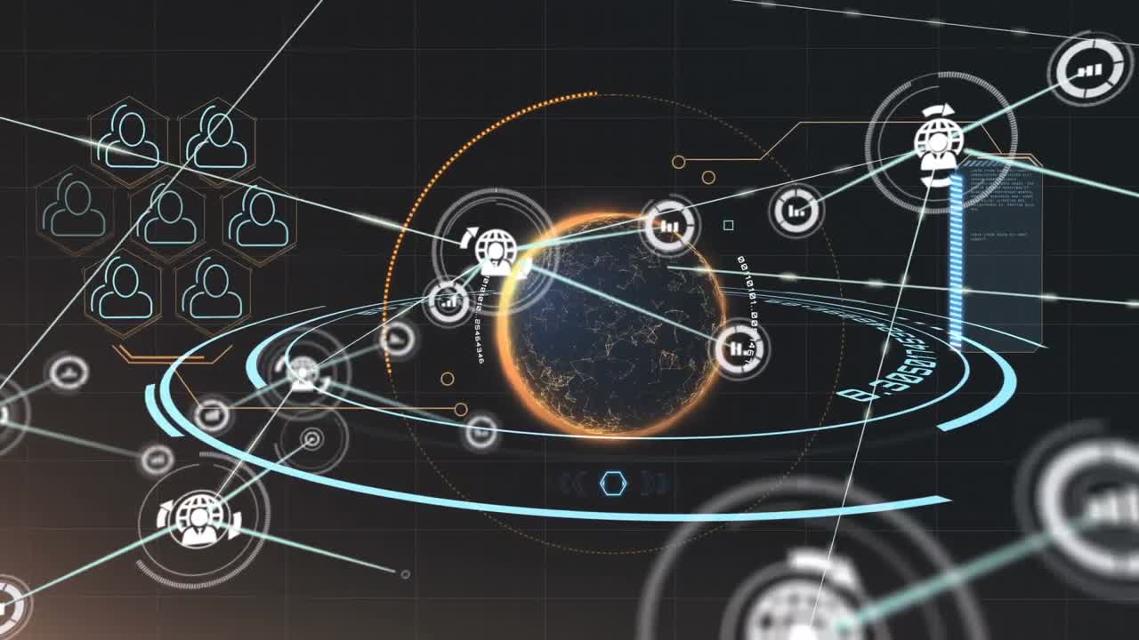 검은색 배경의 둥근 스캐너 위에 회전하는 지구에 대한 디지털 아이콘의 네트워크