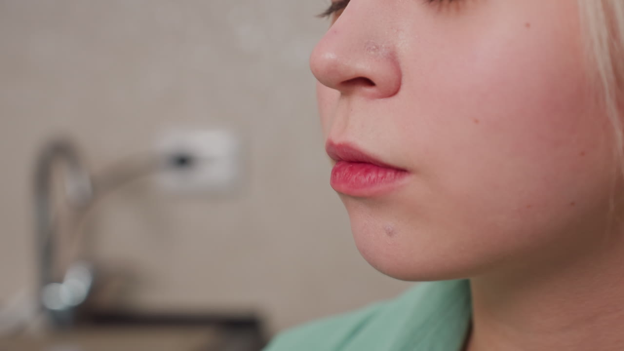 close up of fair skin girl eating chips with blurred kitchen background showing electric outlet, faucet, jug, and countertop, casual home scene, relaxed snack time, detail on lips and face