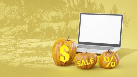 venta de otoño de calabaza, espacio en blanco en la pantalla del portátil para texto, fondo amarillo, sombras de árboles