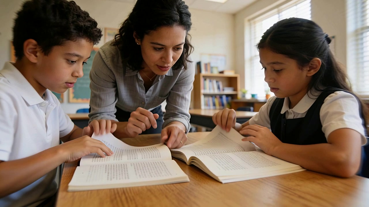 Insegnante che si china e indica, guidando i bambini in uniforme che seguono il testo e girano le pagine in classe con i libri