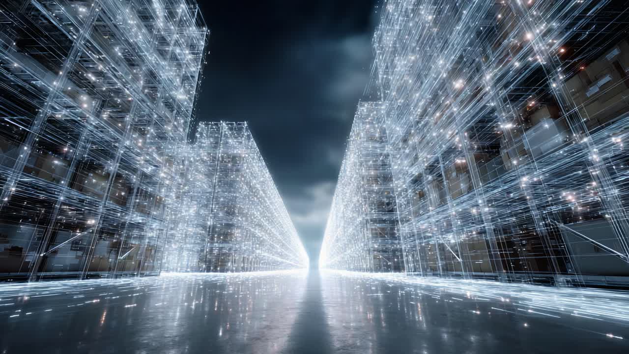 A Futuristic Perspective of a Vast Warehouse, Highlighting the Interplay of Light and Structure in a Digitally Enhanced Environment
