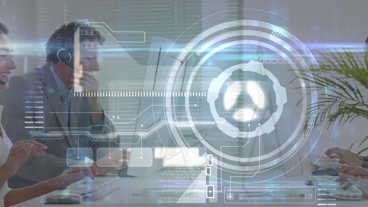 animación del procesamiento de datos financieros sobre personas de negocios que trabajan en la oficina