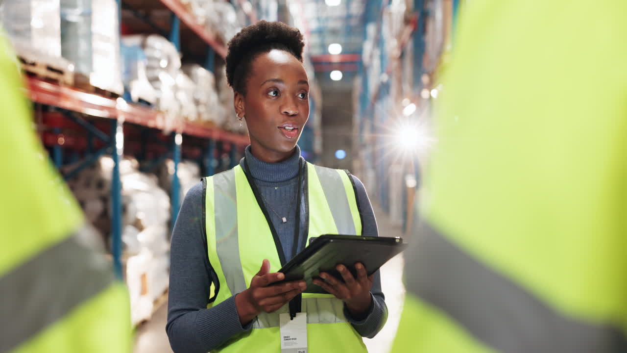 A group of warehouse workers gather around a woman in a safety vest who holds a tablet and gives instructions.