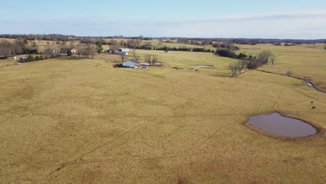 low altitude aerial view of farmland complete with cow pond and ranch house