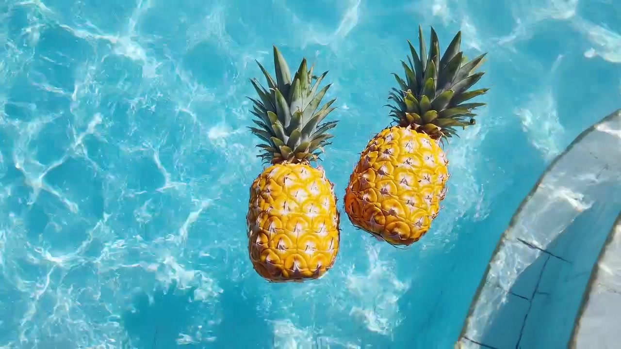 Two Pineapples Floating in a Clear Blue Swimming Pool
