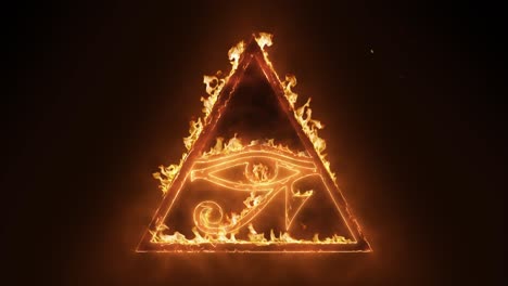 exciting and highly emotive reveal animation of the egyptian all seeing eye of horus symbol, in roaring flames, burning embers and sparks, on a smokey, glowing black background