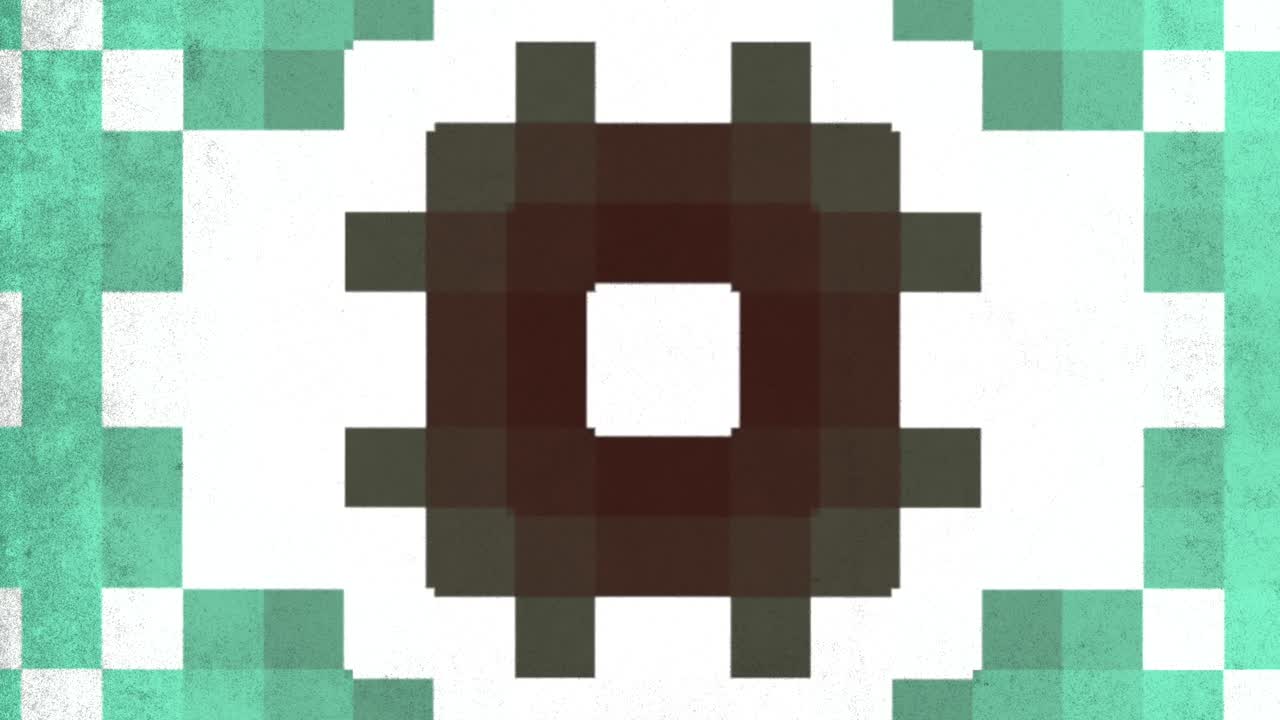 A pixelated depiction of a face in shades of green, with white pixelated features like eyes, nose, and mouth, creating a serious expression