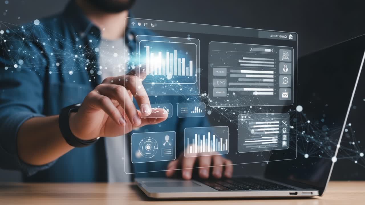 Innovative Data Interaction: A User Manipulates Digital Analytics in a Virtual Interface Displaying Charts, Graphs, and Statistical Metrics on a Laptop Screen