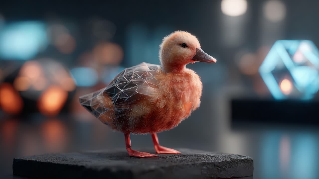 A captivating digital representation of a duckling featuring geometric patterns, blending natural beauty with innovative design elements in a visually striking environment