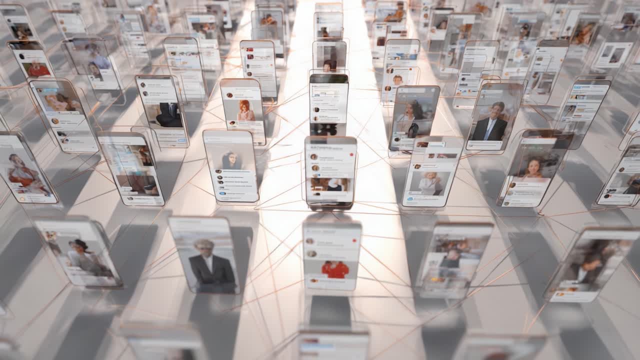 A visually engaging representation of interconnected social media profiles displayed on multiple smartphones, highlighting the vast network of digital connections among individuals in a modern online landscape
