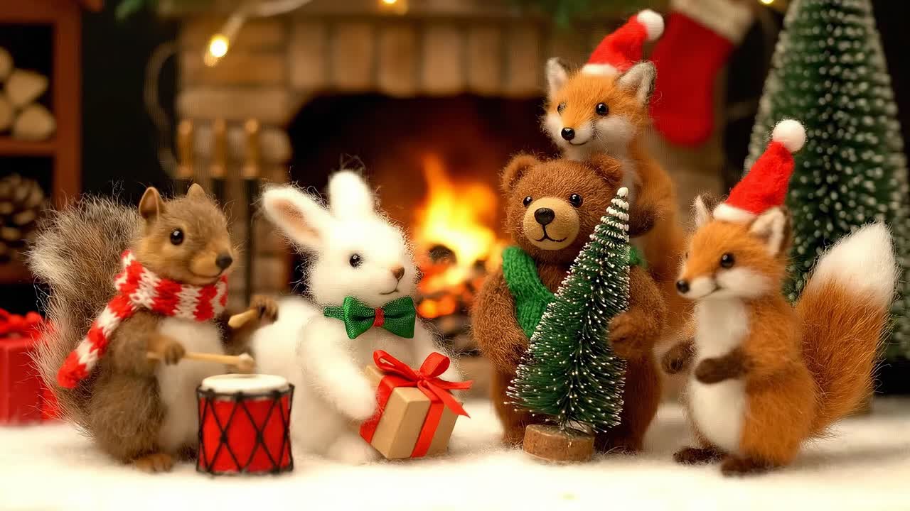 Charming holiday scene with plush animals by a fireplace, captured at eye level for a cozy video