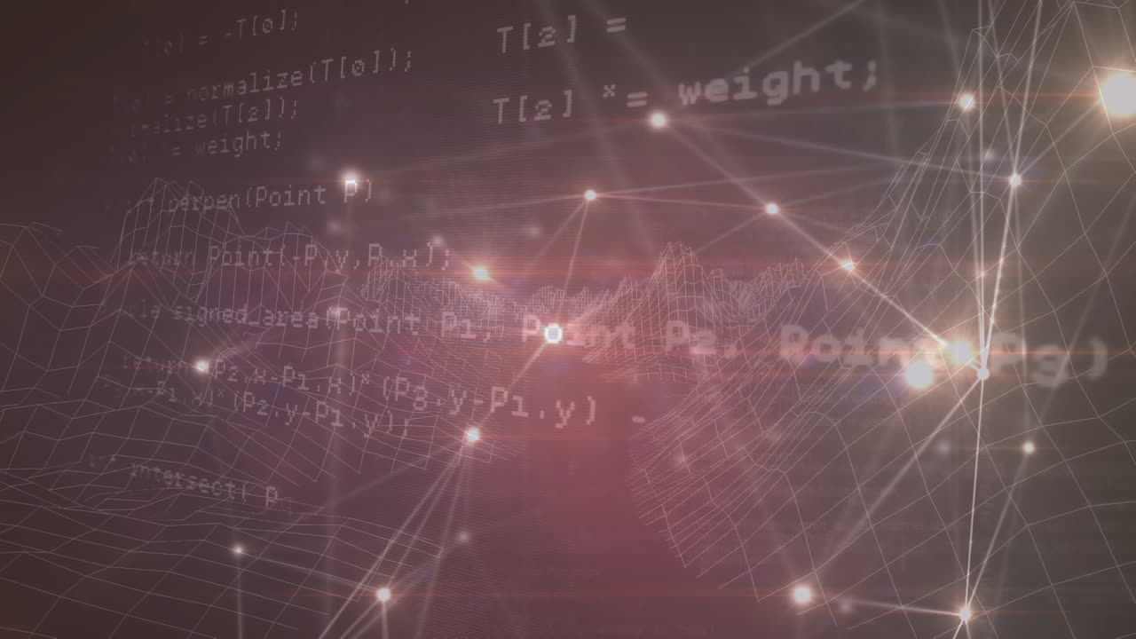 Animation of network of connections with data processing over mountains