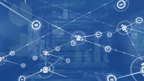 animation of network of digital icons, statistical data processing and medical data processing