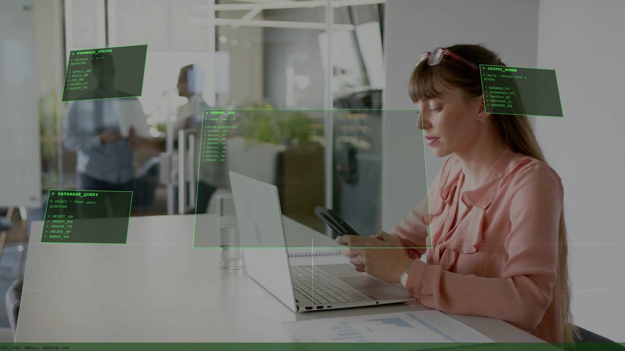 Donna che tocca il telefono e digita sul laptop avviando pannelli AR verdi che formano una dashboard per la revisione del lavoro