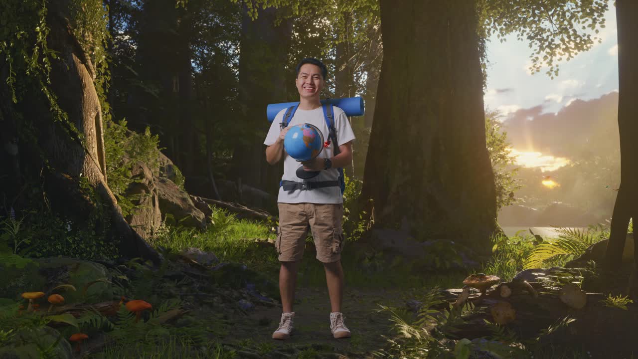 cuerpo lleno de excursionista masculino asiático con mochila de montañismo sosteniendo el globo mundial en sus manos y sonriendo a la cámara mientras explora la naturaleza del bosque