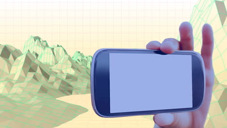composición de la mano de un hombre caucásico sosteniendo un teléfono inteligente con espacio de copia sobre el paisaje del metaverso