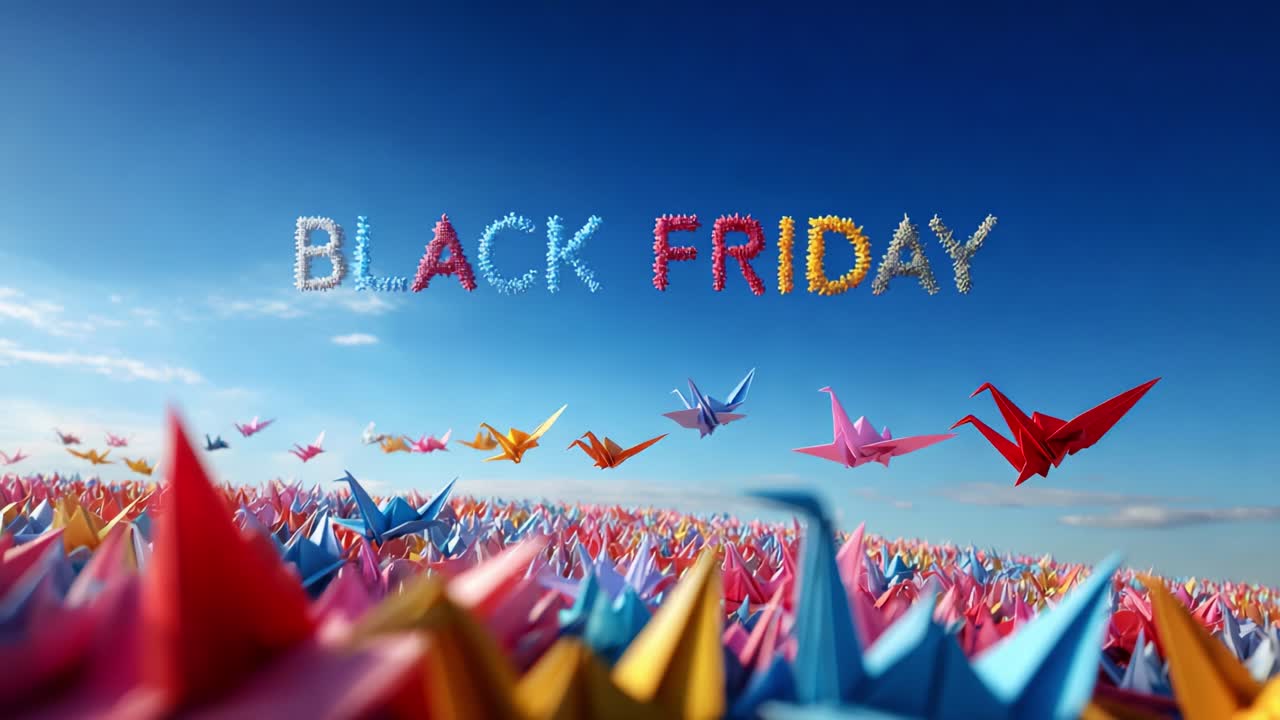 A stunning visual representation of Black Friday, featuring a vibrant landscape filled with colorful origami cranes soaring through a clear blue sky, highlighting the theme and excitement of shopping during this special sale event