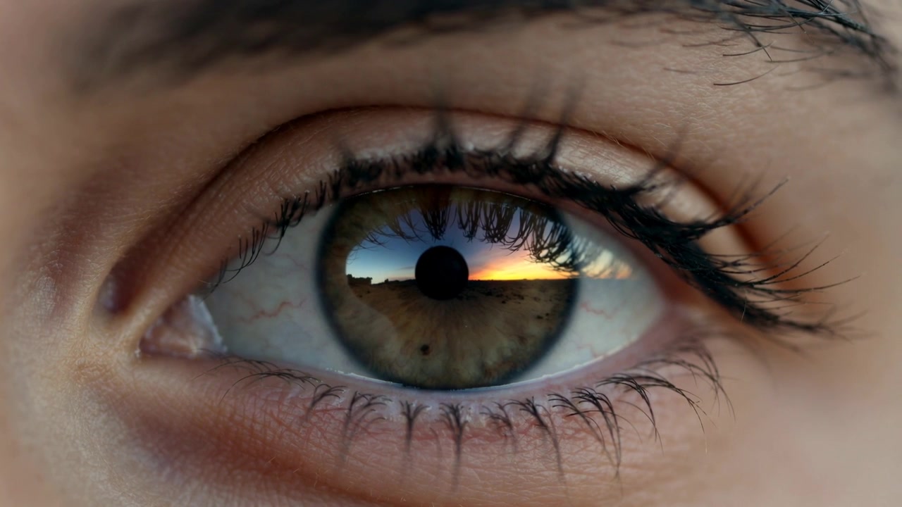 Un singolo occhio color nocciola fissa lo sguardo sull'orizzonte esterno, con il riflesso del sole basso che cattura l'attenzione.